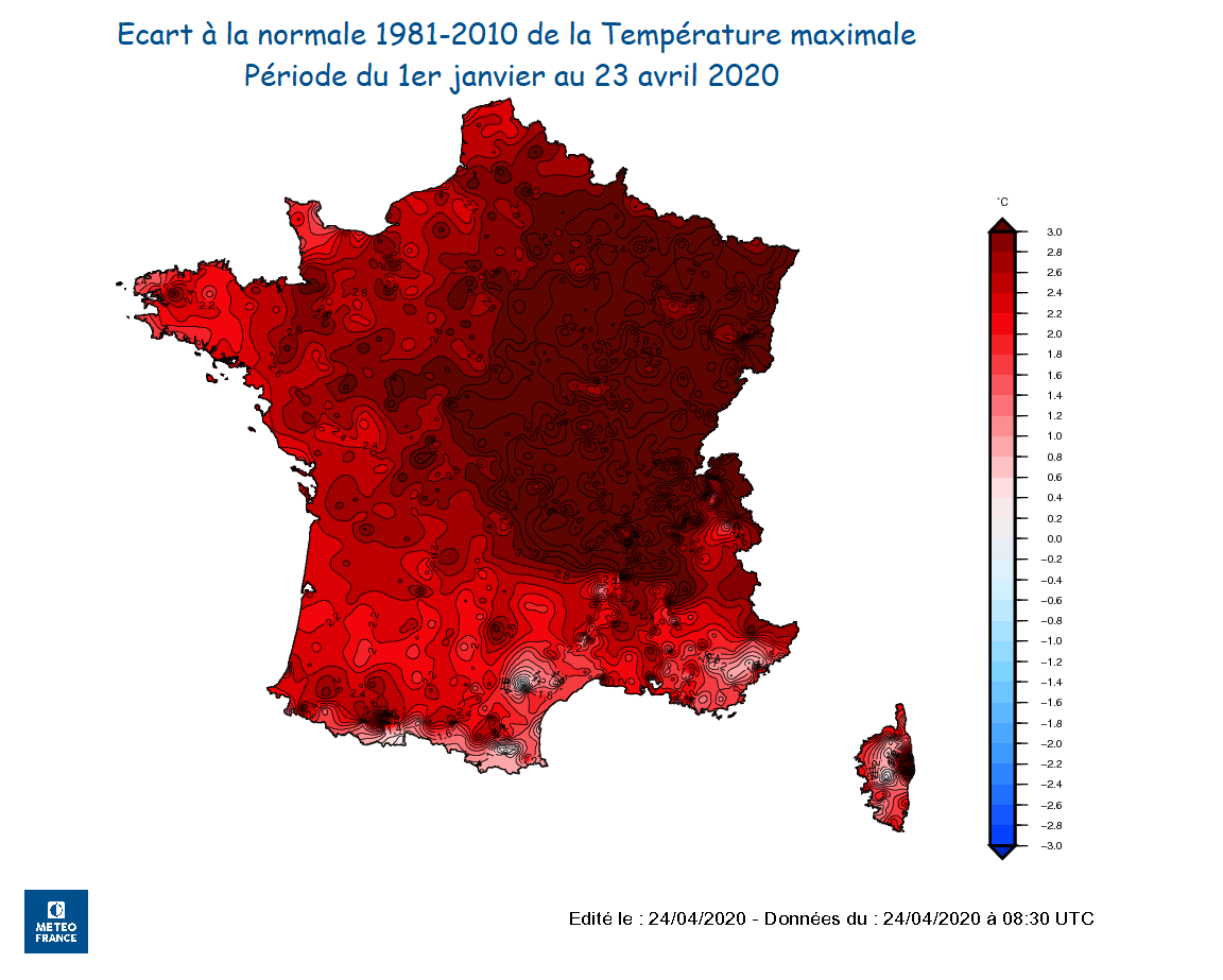 Anomalie de températures maximales du 1er janvier au 23 avril 2020