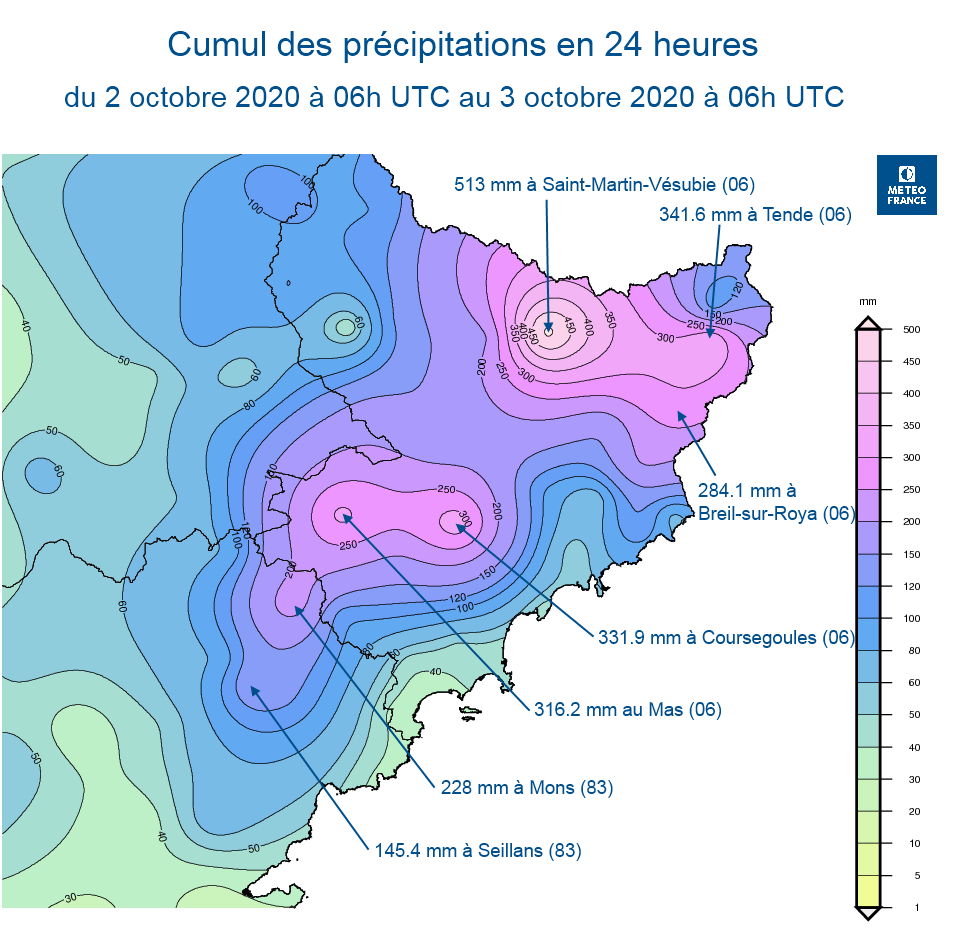 Cumul de précipitations en 24 heures sur les Alpes-Maritimes lors du passage d'Alex en octobre 2020 - © Météo-France