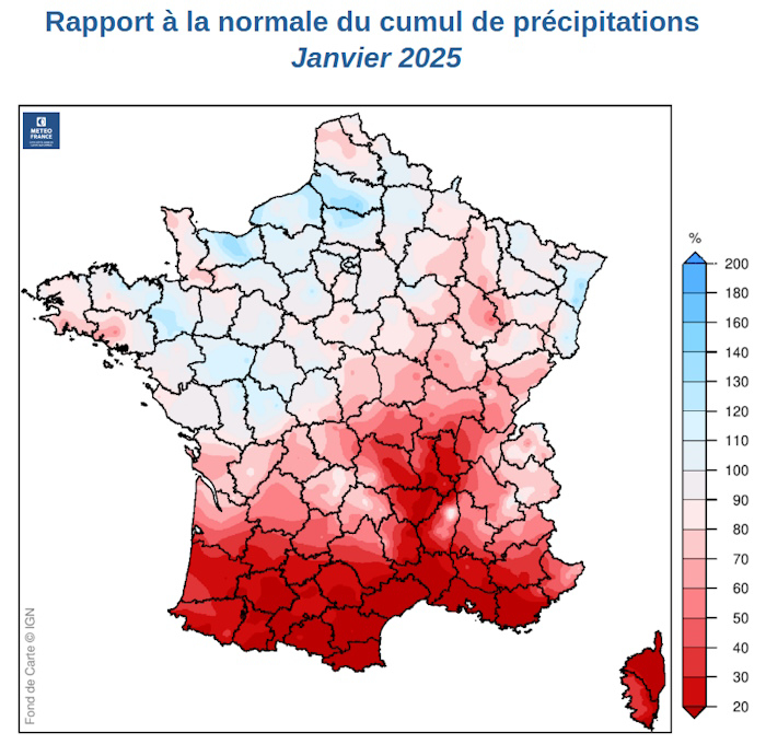 Rapport à la moyenne de référence des cumuls de précipitations en janvier 2025 (1er au 9 janvier) © Météo-France