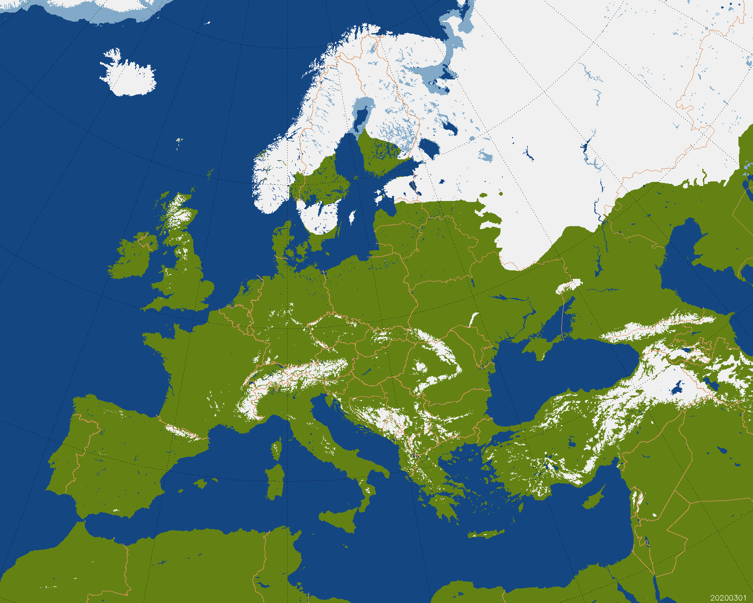 Couverture neigeuse en Europe au 1er mars 2020. © NOAA.