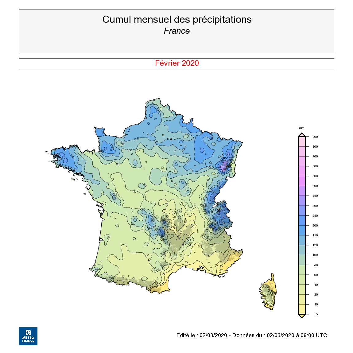Cumul mensuel des précipitations en février 2020. - © Météo-France
