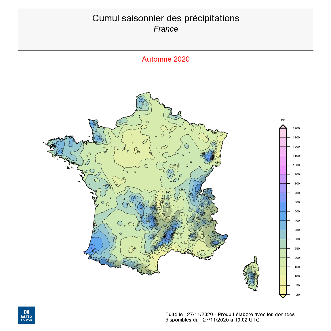 Cumul saisonnier des précipitations, en France, en automne 2020. © Météo-France.