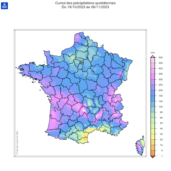 Cumuls des précipitations sur la France du 18 octobre au 6 novembre 2023. © Météo-France