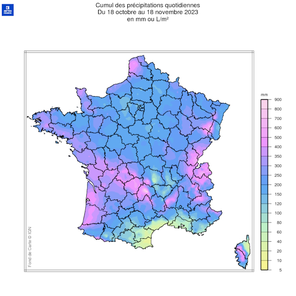 Cumuls de précipitations du 18 octobre au 18 novembre 2023. © Météo-France