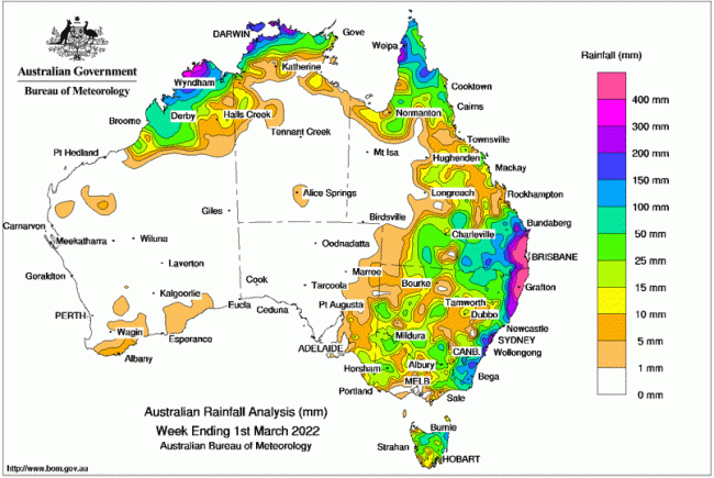 Cumuls de pluie hebdomadaires jusqu'au 1er mars 2022 sur l'Australie. © BOM.