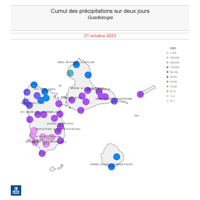 Cumuls des précipitations entre le 20 et le 21 octobre 2023 en Guadeloupe. © Météo-France