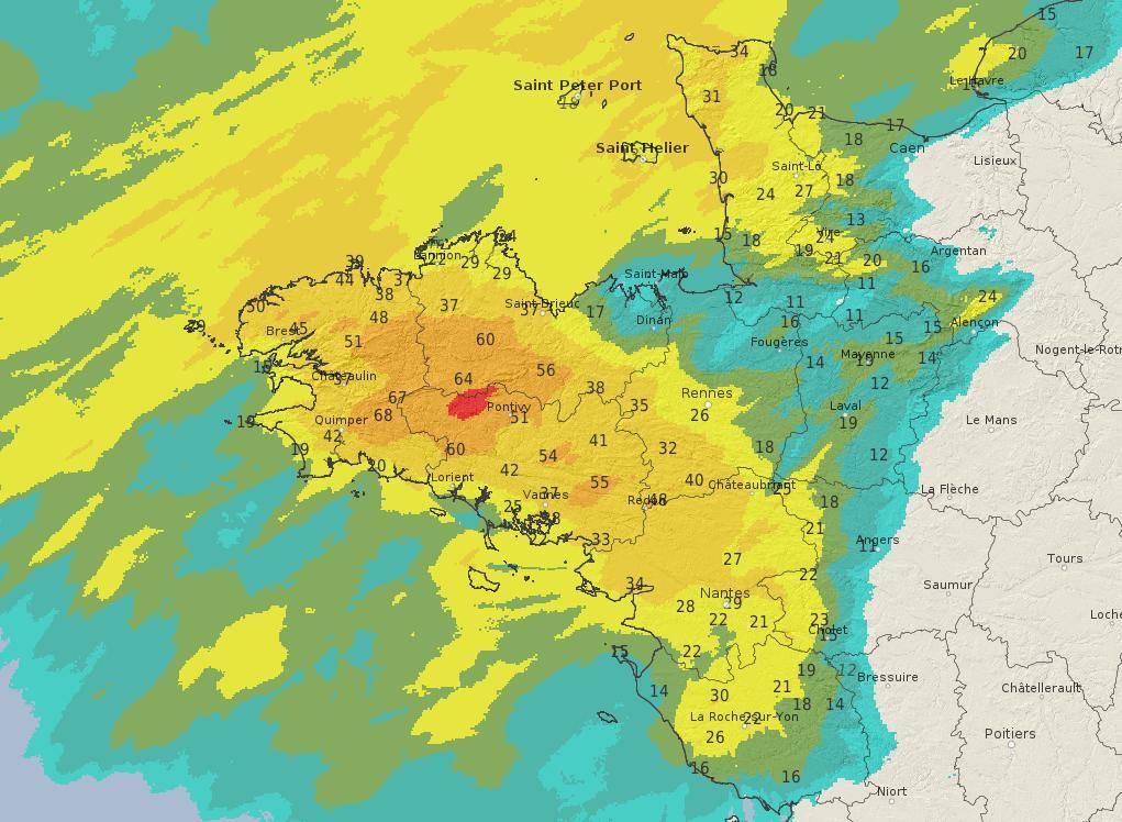 Lame d'eau et observations pluviométriques sur la Bretagne en 48 heures,  entre lundi 13 janvier 12 h et mercredi 15 janvier 2020 12 h. © Météo-France.