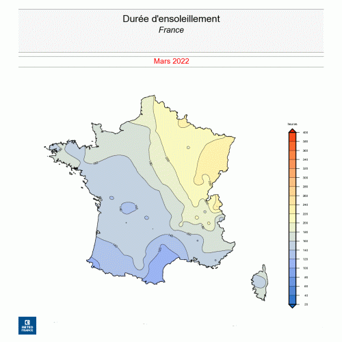 Durée d'ensoleillement entre le 1er et le 28 mars 2022 en France. © Météo-France.