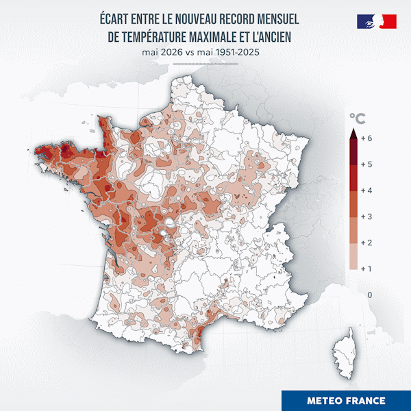 Ecart entre le nouveau record mensuel de Tmax et l'ancien.