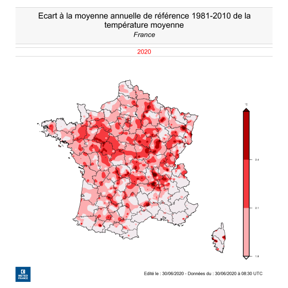 Écart à la moyenne annuelle de référence 1981-2010 de la température moyenne