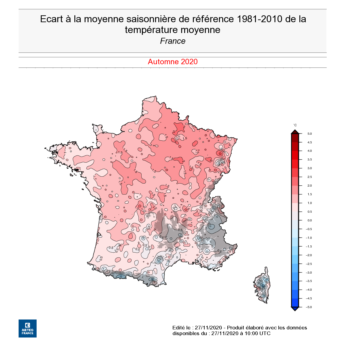 Écart à moyenne saisonnière de référence 1981-2010 de la température moyenne, en France, en automne 2020. © Météo-France.