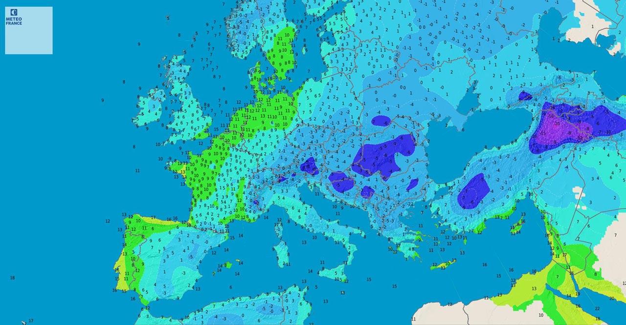 Températures relevées en Europe le 15 janvier 2020 à 7 h, heure de Paris