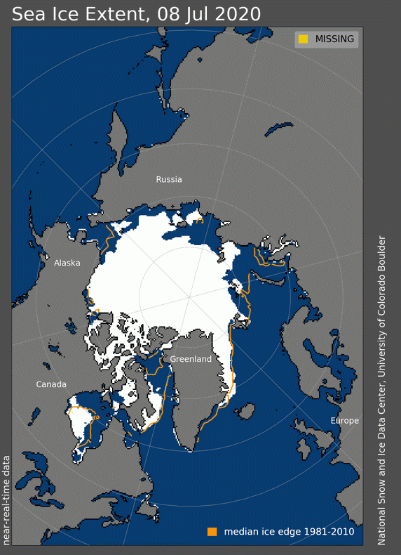 Extension des glaces arctiques le 8 juillet 2020, médiane 1981-2010 en orange - © NSIDC