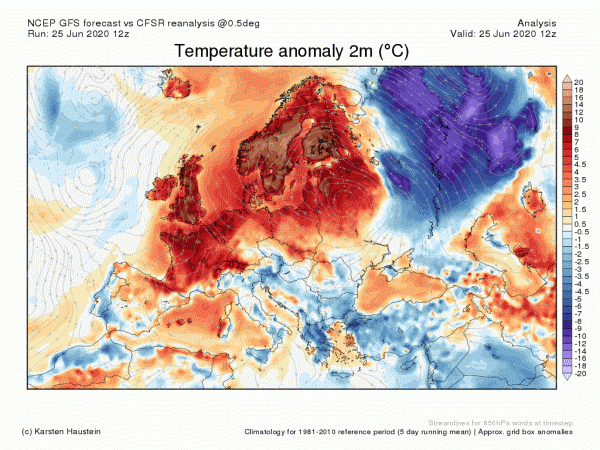 Fig. 1b : Anomalies de température sur l'Europe le 25 juin 2020 à 12 UTC (rapport à la normale climatologique du modèle 1981-2010) - © Karsten Haustein