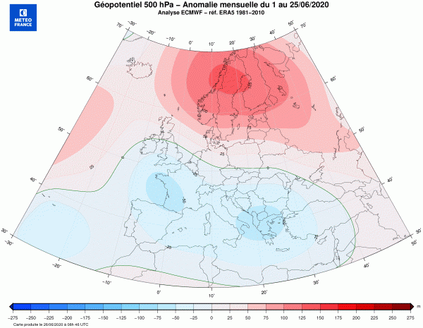 Géopotentiels à 500 hPa sur la période allant du 1er et au 25 juin 2020 - © Météo-France