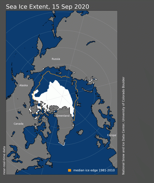 Extension de la glace de mer en Arctique le 15 septembre 2020 - © NSIDC