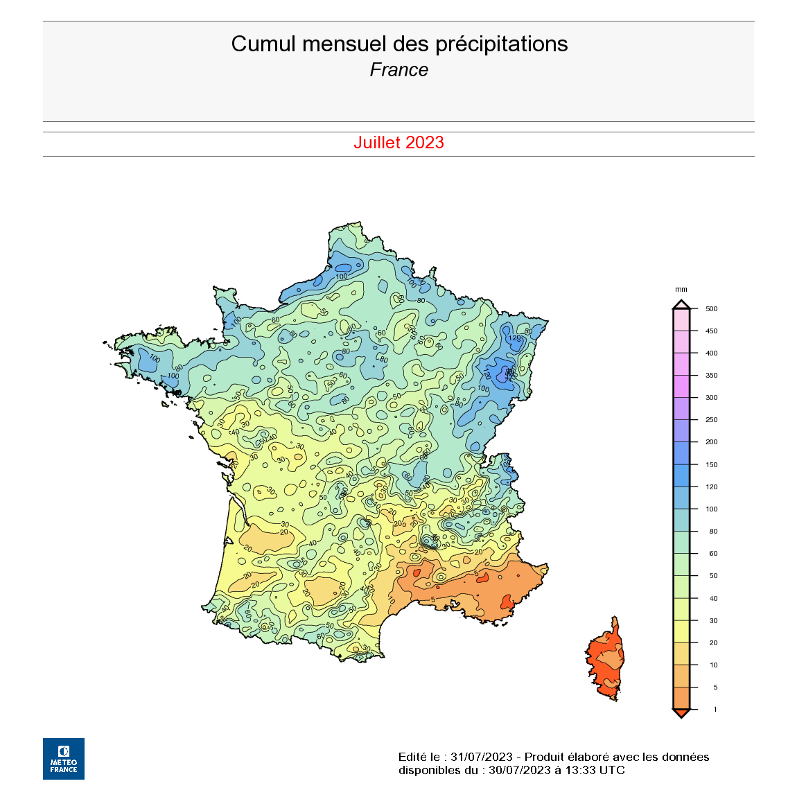 Cumul mensuel des précipitations en France en juillet 2023 (1er au 30 juillet). © Météo-France