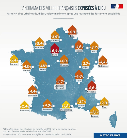 Panorama des villes françaises exposées à l'ICU © Météo-France