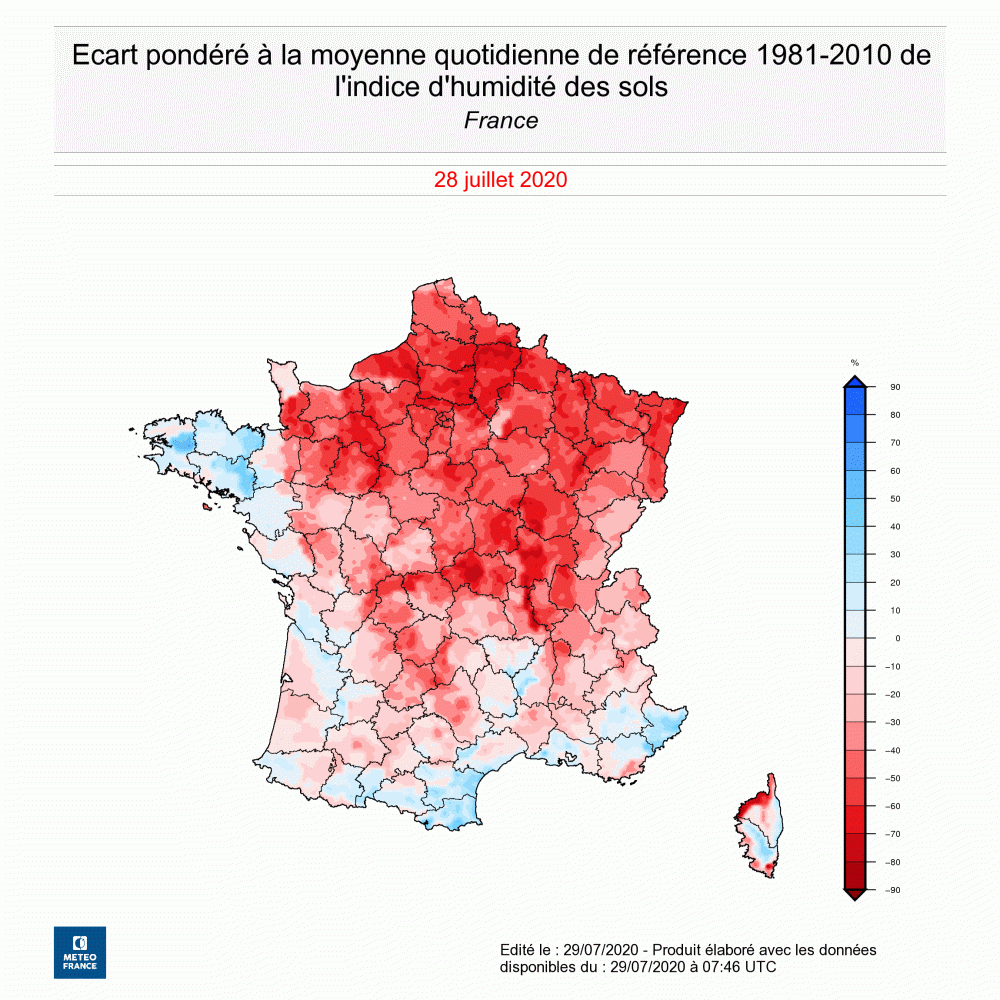 Écart pondéré à la normale de l'indice d'humidité des sols le 28 juillet 2020 - © Météo-France