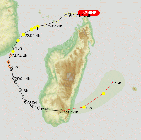 Trajectoire de Jasmine. © Météo-France.