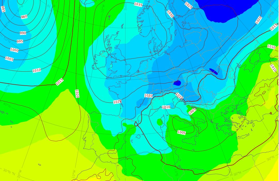 Température à 850 hPa et pression au niveau de la mer prévus pour lundi 8 janvier 12hUTC. Modèle ensembliste EPS0Z du 3 janvier 2024.