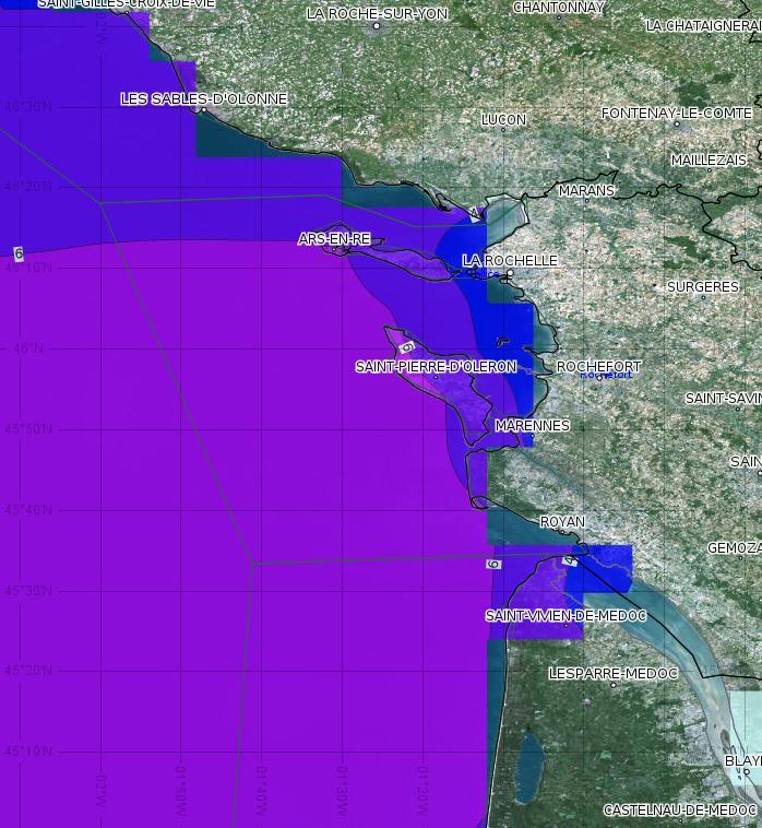 Modélisation des états de mer sur la zone Gironde-Pertuis charentais :  hauteur significative des vagues le 28 février 2010 à 3 UTC telle qu'elle était simulée en 2010 (résolution 10 km, modèle MFWAM)  © Météo-France.