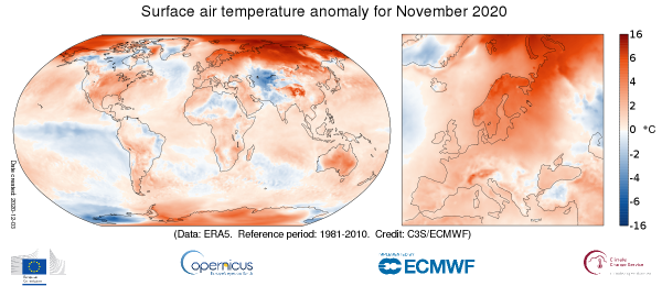 Anomalie de température à la surface du globe en novembre 2020 - © Copernicus
