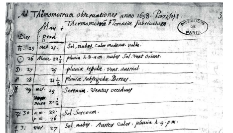 Premières lignes du cahier d'observation de Boulliau. La première mesure de température relevée en France, à Paris, le samedi 25 mai 1658 à midi était de 25 degrés florentins (soit 16 °C) - © Météo-France.