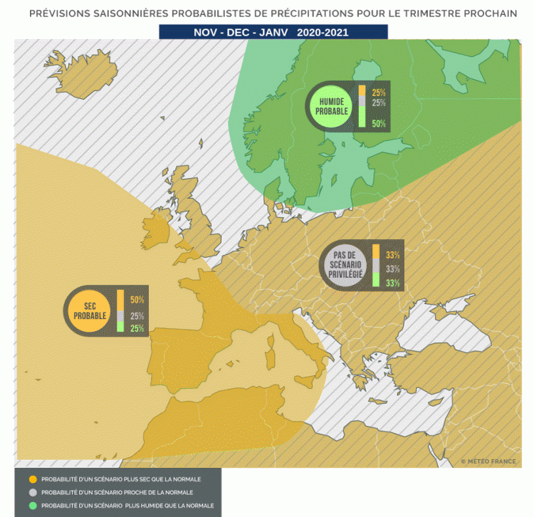 Prévisions saisonnières probabilistes de précipitations pour novembre-décembre 2020 et janvier 2021 - © Météo-France