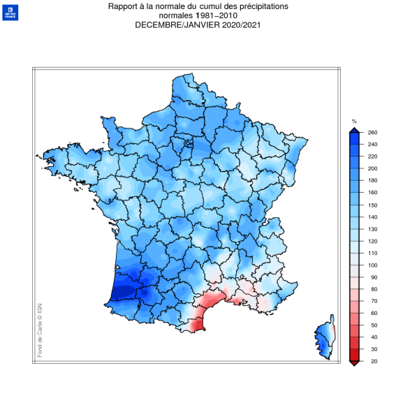 Rapport à la normale du cumul des précipitations en France en décembre 2020 et janvier 2021. - © Météo-France