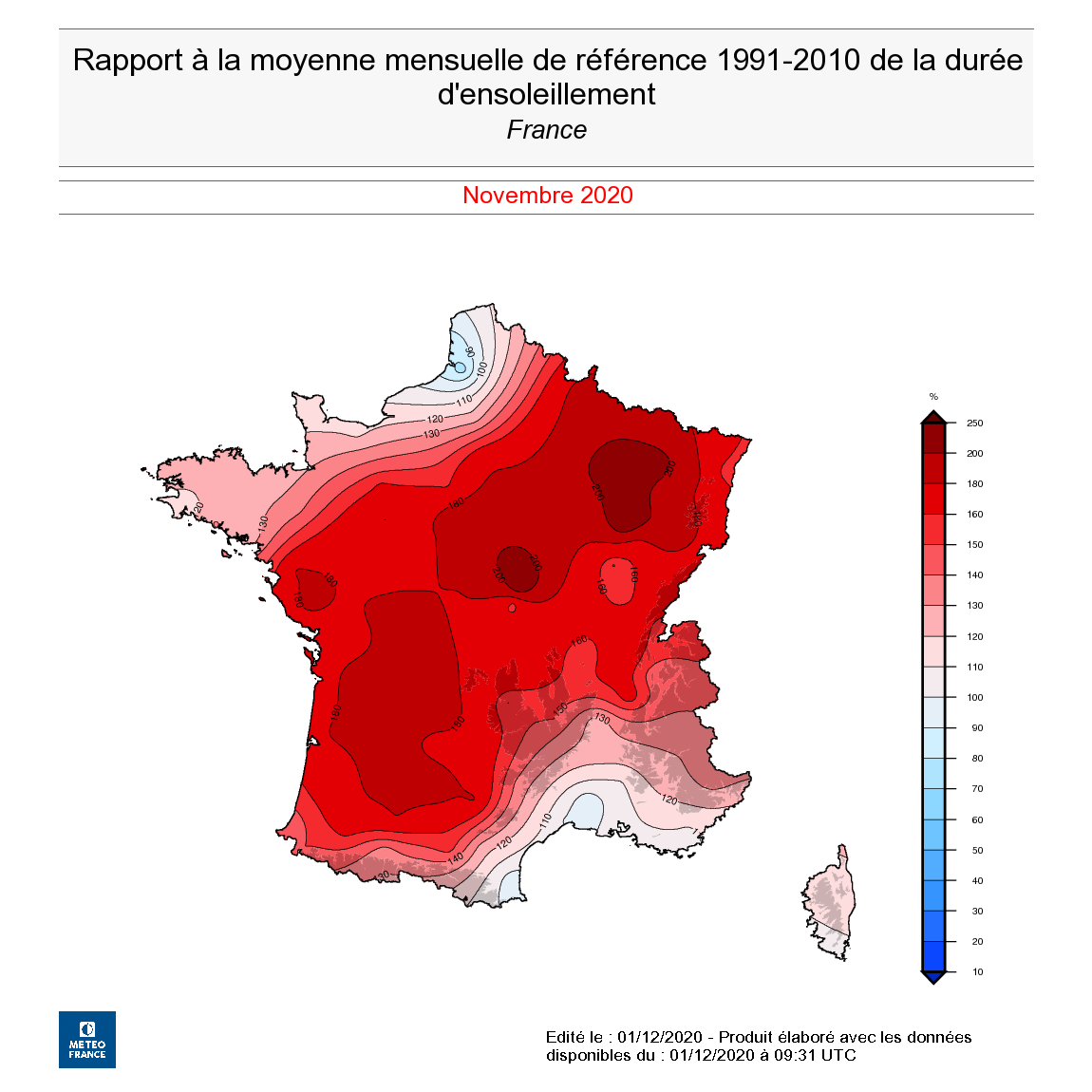 Rapport à la moyenne mensuelle de référence 1991-2010 de la durée d’ensoleillement en France en novembre 2020. © Météo-France.
