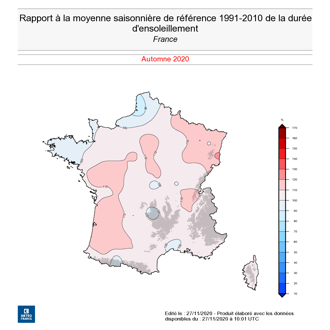 Rapport à la moyenne saisonnière de référence 1991-2010 de la durée d'ensoleillement, en France, en automne 2020. © Météo-France.