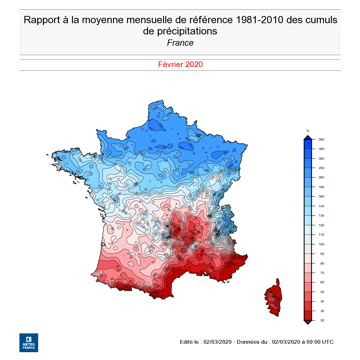 Rapport à la moyenne mensuelle de référence 1981-2010 des cumuls de précipitations en février 2020. - © Météo-France