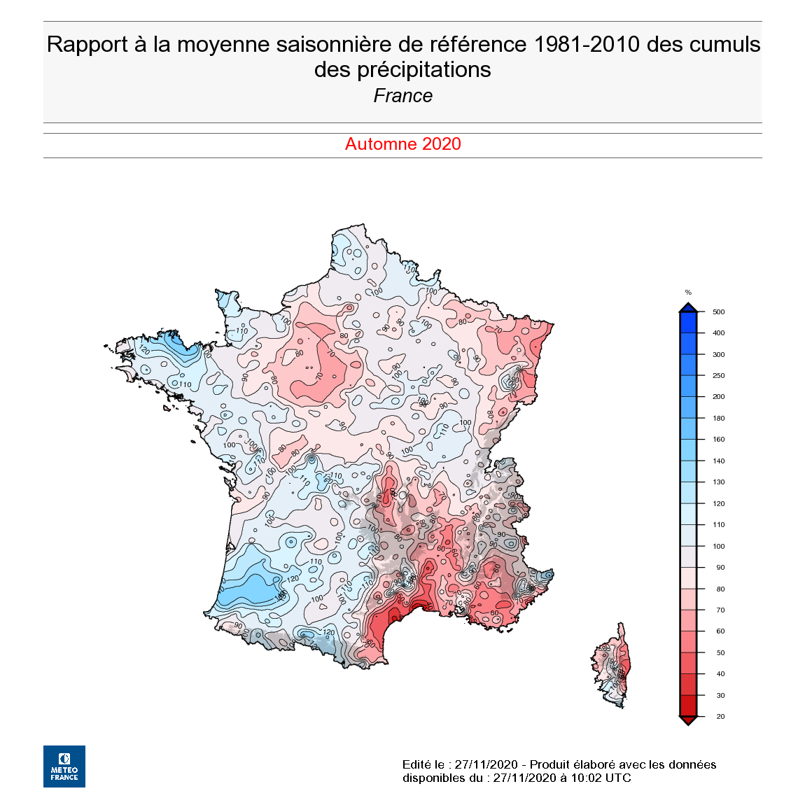 Rapport à la moyenne saisonnière de référence 1981-2010 des cumuls de précipitations, en France, en automne. © Météo-France.