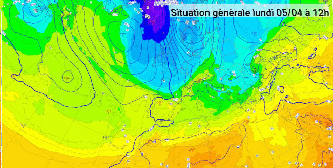 Situation générale prévue le 5 avril 2021 à 12 UTC. © Météo-France.