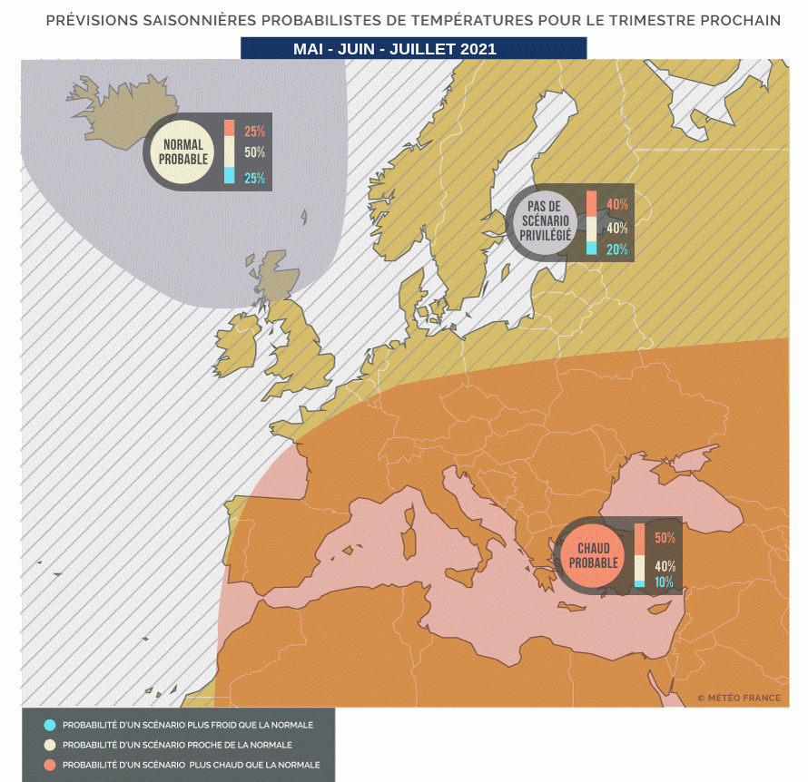 Prévisions saisonnières probabilistes de températures pour le le trimestre mai-juin-juillet 2021. © Météo-France.