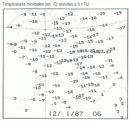 Températures minimales relevées en France (en °C) le 12 janvier 1987. © Météo-France.