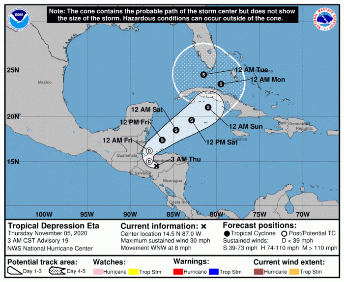 Trajectoire d'Eta prévue. © NOAA/National Hurricane Center.