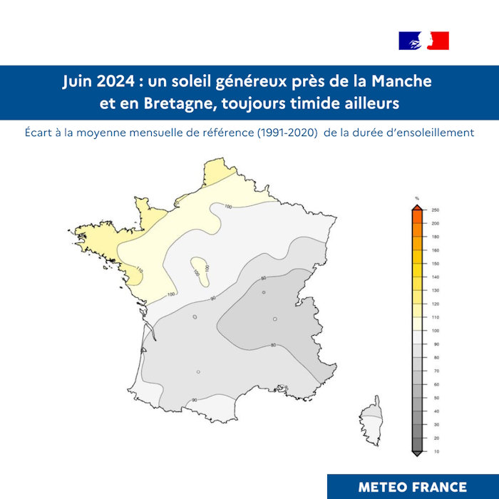 Ecart à la moyenne mesuelle de référence (1991-2020) de la durée d'ensoleillement en France pour juin 2024 © Météo-France