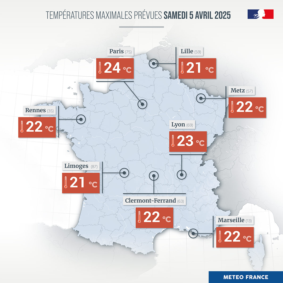 Températures maximales prévues le samedi 5 avril 2025 © Météo-France