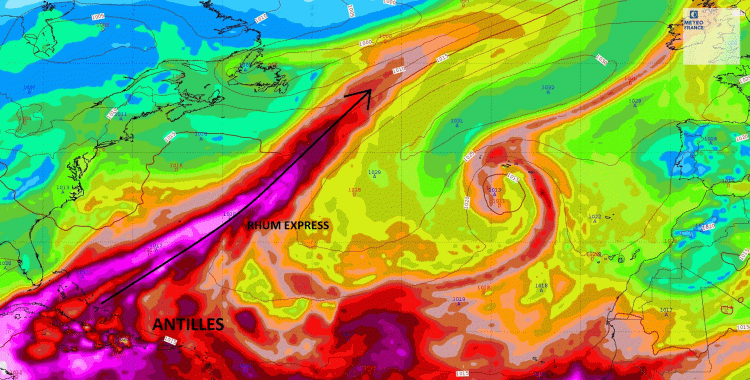 Champs « eau précipitable » (représentant le contenu en eau de l’atmosphère), modèle du CEPMMT et pression réduite au niveau de la mer, lundi 15 novembre 2021 à 00 h. La Rhum Express existe bien, mais la route ne mène nulle part ! © Météo-France.