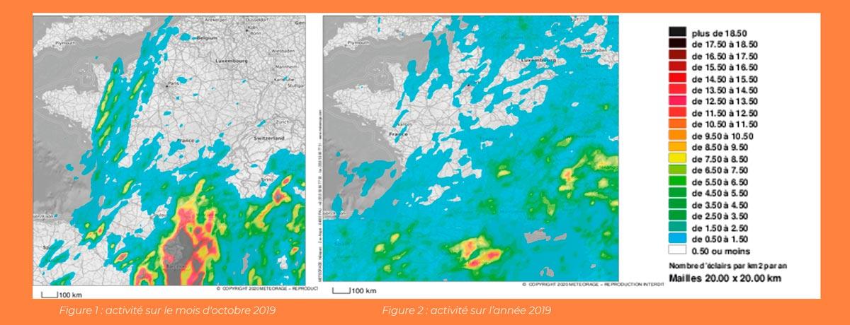 Activité orageuse sur la France pour 2019 à droite et pour octobre 2019 à gauche.  © Météorage.