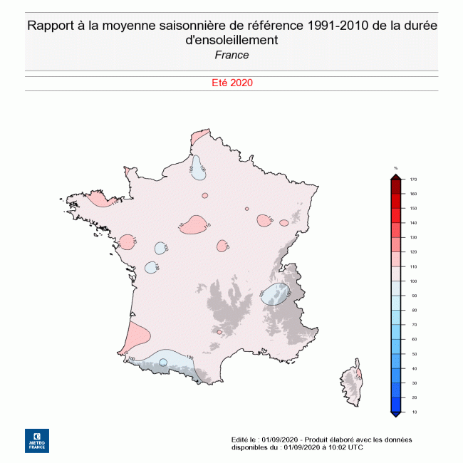Rapport à la moyenne saisonnière de la durée d'ensoleillement en France - été 2020. © Météo-France.