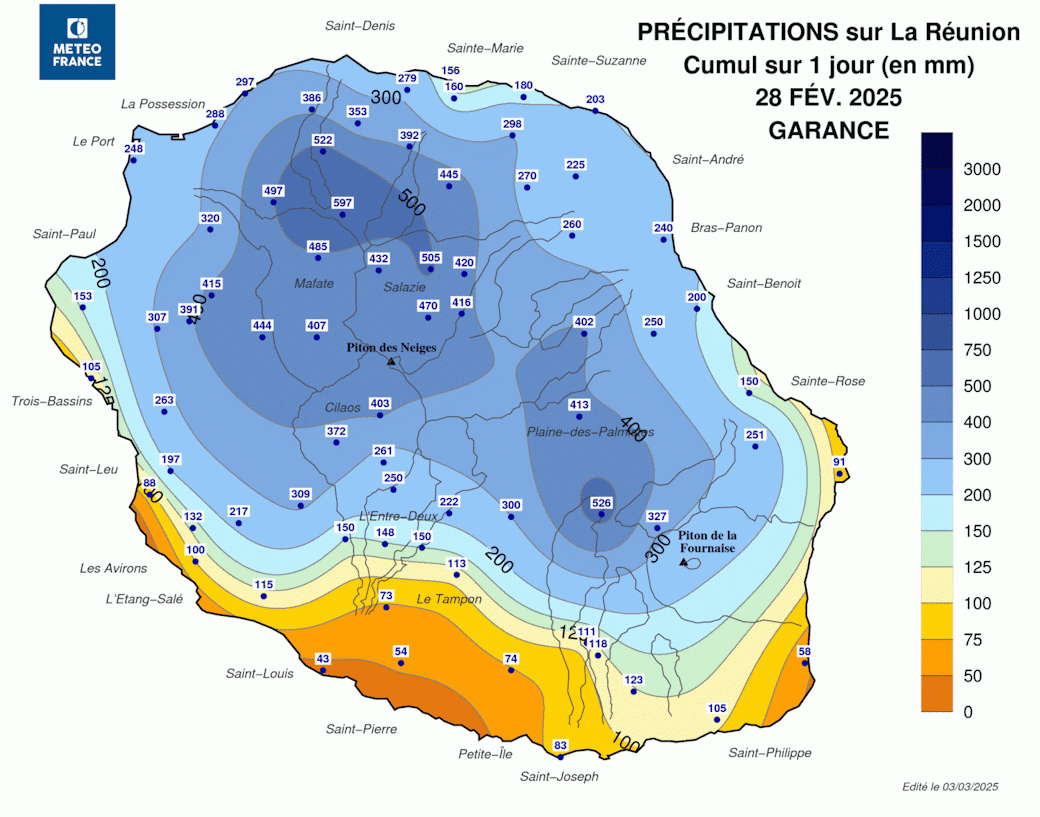Carte de cumuls de précipitations relevés le 28 février 2025 © Météo-France