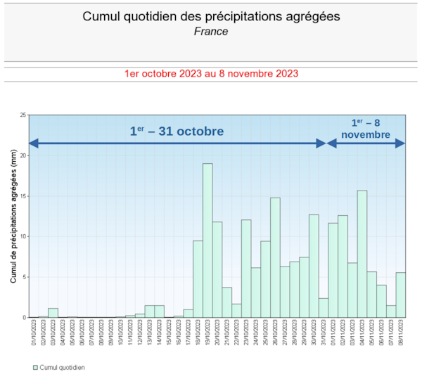 Cumuls quotidien des précipitations agrégées en France du 1er octobre au 8 novembre 2023. © Météo-France