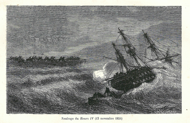 Gravure du navire Le Henry IV lors de la tempête de 1854. © BNF, Gallica.