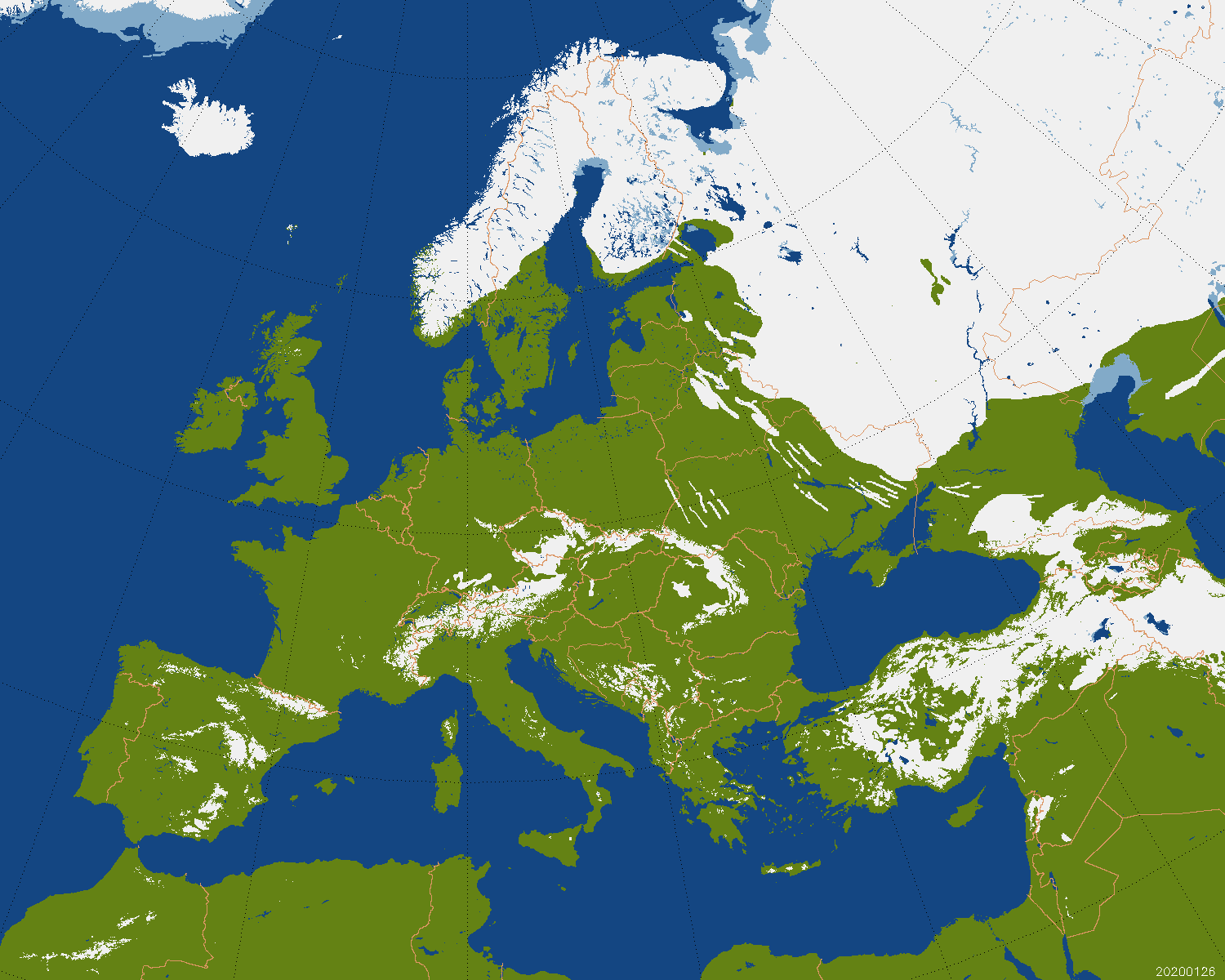 Couverture neigeuse en Europe à la date du 26 janvier 2020. © NOAA.