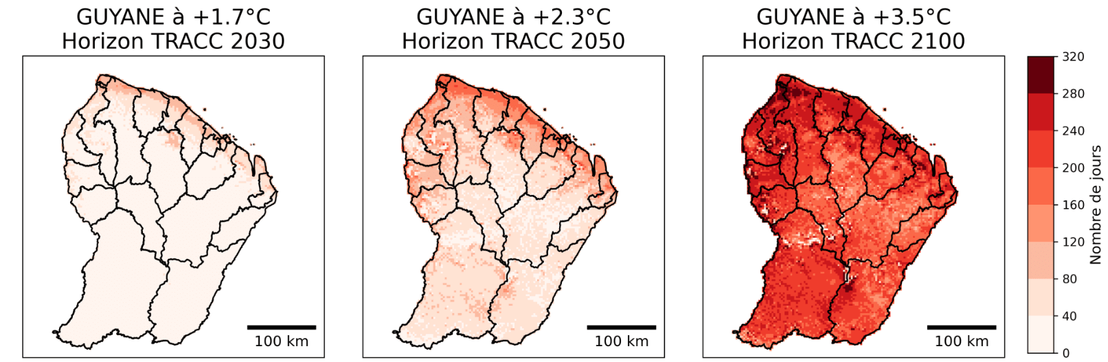Nombre annuel de nuits chaudes (températures minimales supérieures ou égales à 24°C) en Guyane pour les trois niveaux de réchauffement territoriaux associés aux horizons TRACC. © Météo-France