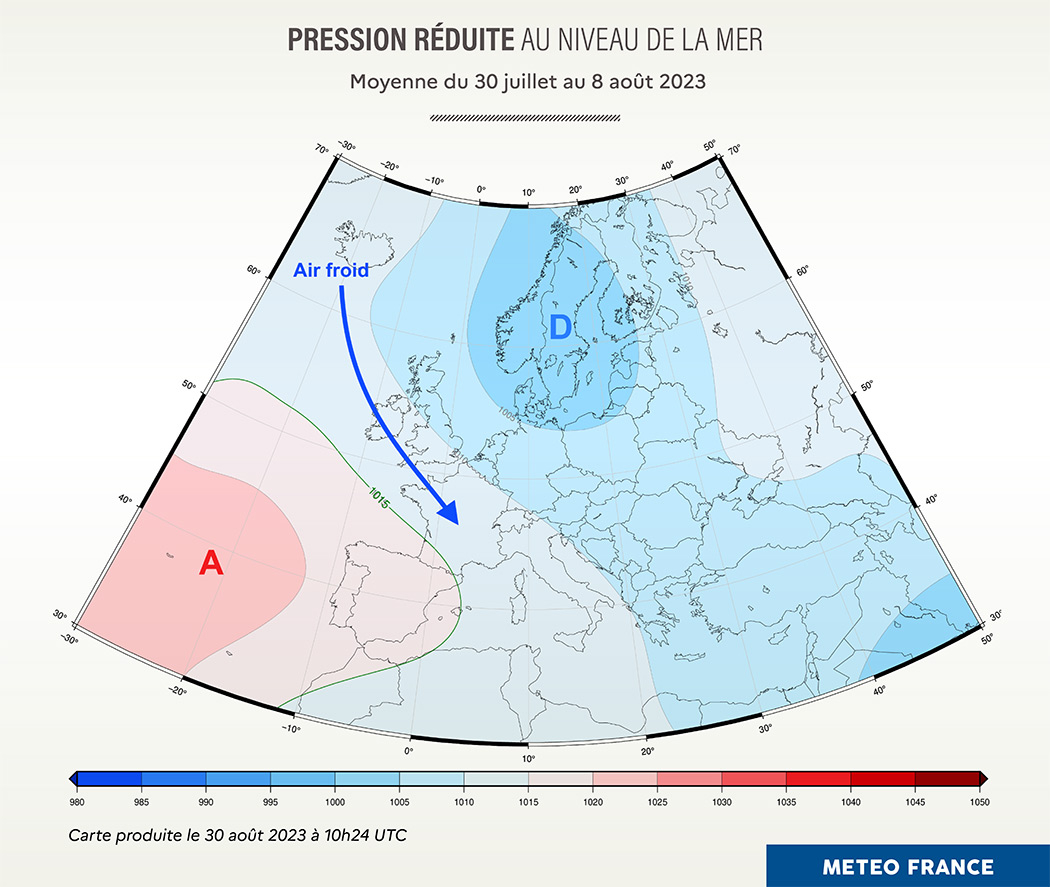 Moyenne de la pression réduite au niveau de la mer entre le 30 juillet et le 8 août 2023. © Météo-France