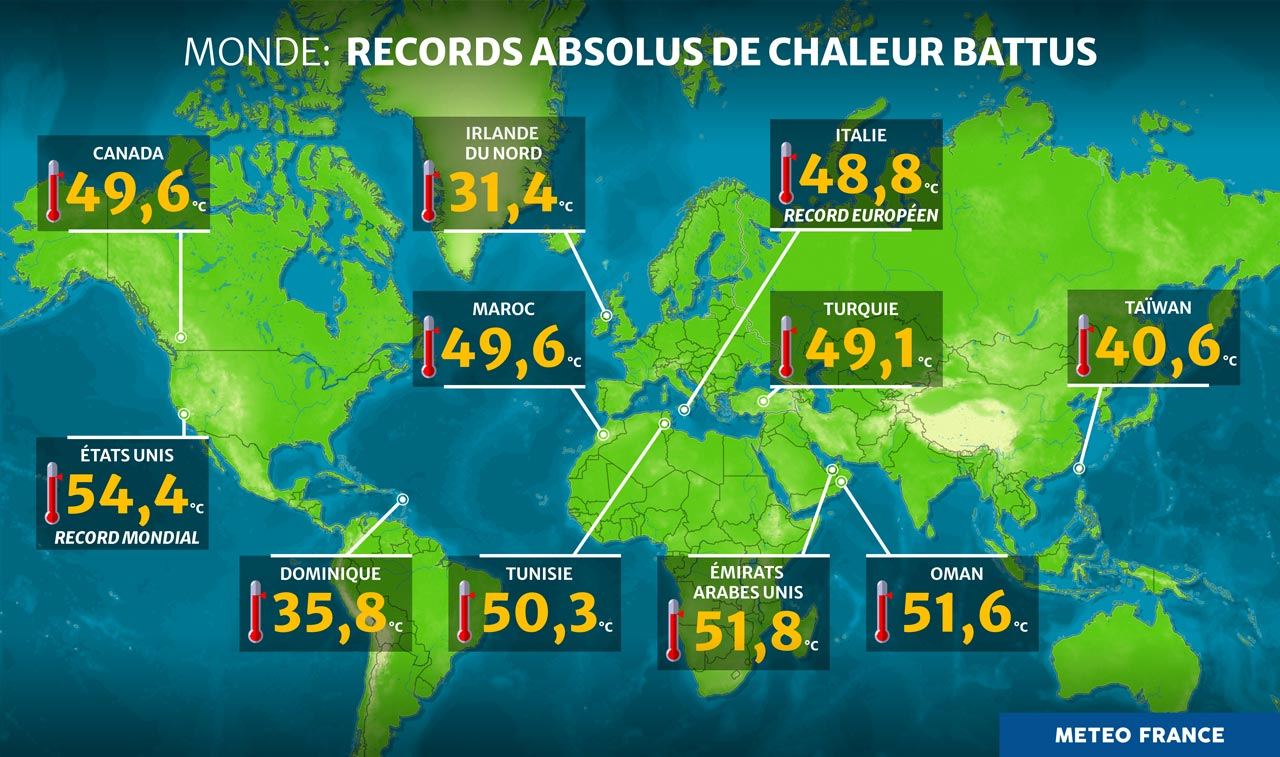 Records absolus de chaleur battus dans le monde. © Météo-France.